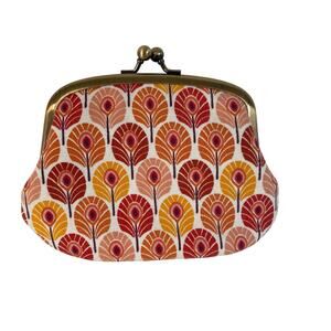 Vintage Twin Metal Frame Change Purse Dual Clasp London Floral Orange 5.5x4.5